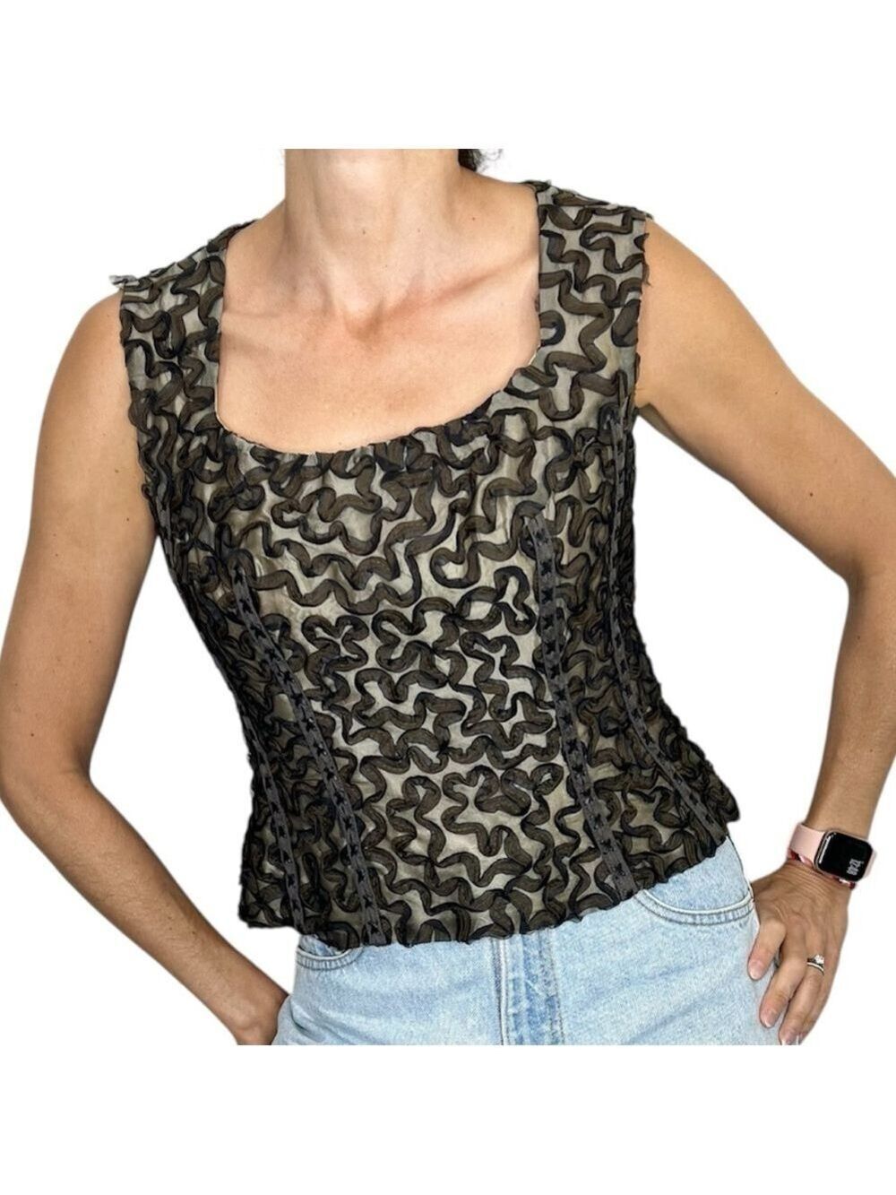 Vintage 90s Petrovitch & Robinson Paris 100% silk black brown tan bustier top 42